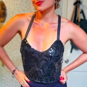 Black Crop Top with Sequins, Sheer Back